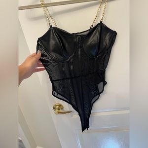 Black mesh cami bodysuit with gold chain straps. Worn once. Off Shein.